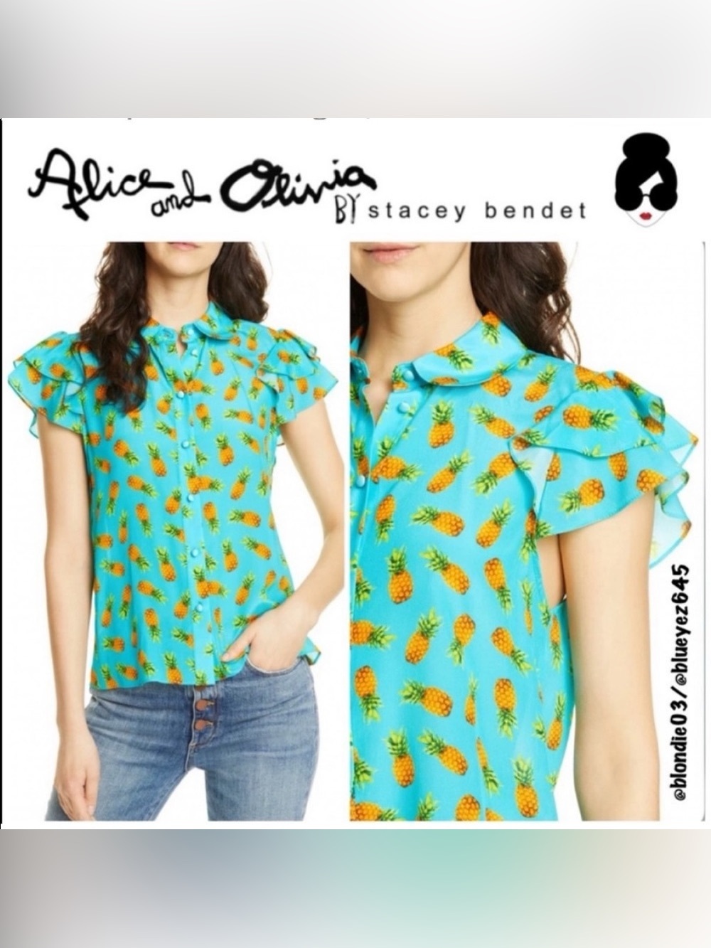 Alice + Olivia 100% Silk Pineapple Print Blouse - Picture 5 of 6